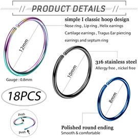LOYALLOOK 18-24Pcs 20G 316L Stainless Steel Nose Ring Hoop Cartilage Hoop Septum Piercing 6-12mm