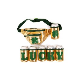 Tipsy Elves St Patrick's Day Fanny Pack - Large Unisex Zipper Pocket Travel Bag - Adjustable Strap Belt Bag Men Women, Lucky Gold, One Size, Lucky Gold Fanny Pack W/ 6 Drink Holders