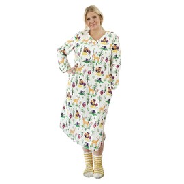 LA CERA Women's Flannel Nightshirt, Four-Button Closure, Two Side Seam Pockets, Round Collar, Baseball Neck, Machine Wash Ivory Sage