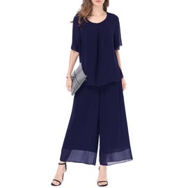 Women's 2 Piece Chiffon Sets Outfits Flowy Summer Casual Dressy Pantsuits Double Layers Blouse Capris Pants Suits Blue Navy