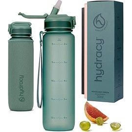 Hydracy Water Bottle with Times to Drink & Straw - Large 1 Litre BPA Free Motivational Water Bottle & No Sweat Sleeve -Leak Proof Gym Bottle with Time Marker - Ideal for Fitness, Sports & Outdoors
