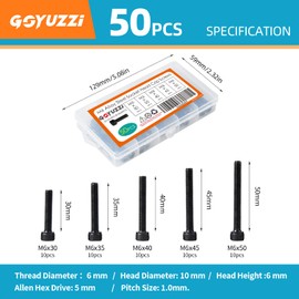 M6 x 30mm 35mm 40mm 45mm 50mm Hex Socket Head Cap Screws Bolts, 12.9 Grade Alloy Steel, Black Oxide Finish, Fully Threaded, Metric Allen Hex Drive, Assortment Kit 50PCS