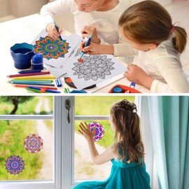 COLEESON Stained Glass Mandala Window Clings and Markers, 5PCS Doodleable Suncatchers Stickers and 12PCS Pens, Arts and Crafts DIY Kit for Adults, Kids, Teens, Women