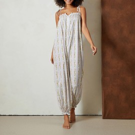 Women's Harem Jumpsuit Vintage Floral Printed Baggy Romper Sleeveless Spaghetti Strap Going Out Overall Playsuit Streetwear (A-White, M)