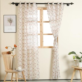 Sheer Rose Voile Curtain 63 Inch Long Elegant Floral Bedroom Tulle Curtain Airy Privacy Drapes with Grommet Top Set of 2