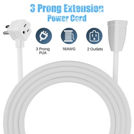 2-Outlet Extension Cord 2 FT, Pigtail 3 Prong Extension Power Cable, 45 Degree Plug Design, 16/3 Gauge Cold with Extra Socket on Plug, 13A 1625W 16AWG, Outlet Saver, Power Splitter, ETL Listed, White