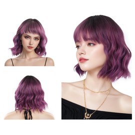 Beauty7 Wig Flat Fringe Natural Curly for Women Natural Synthetic Hair Heat Resistant Daily Party Cosplay Wear 12 Inch Purple Ombre Wig