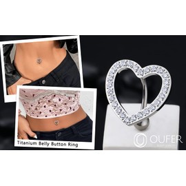 OUFER Titanium Belly Button Rings, Heart Shaped Top-Down Belly Ring, Paved CZ Crystal Reverse Belly Button Piercing, 14G Navel Rings for Women Men