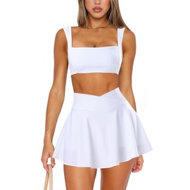 OZICERD Two Piece Tennis Skirt Sets for Women 2 Piece Mini Skirt Set Going Out Golf Skort Athletic Skirts Pickleball Outfit White,L