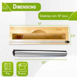 Set of Bamboo Foil and Plastic Wrap Organizer, Dispenser with Cutter for Drawer, Plastic Wrap in WarpNeat Dispenser with Cutter & Aluminum Foil Dispenser,Storage Organization Holder for 12" Roll