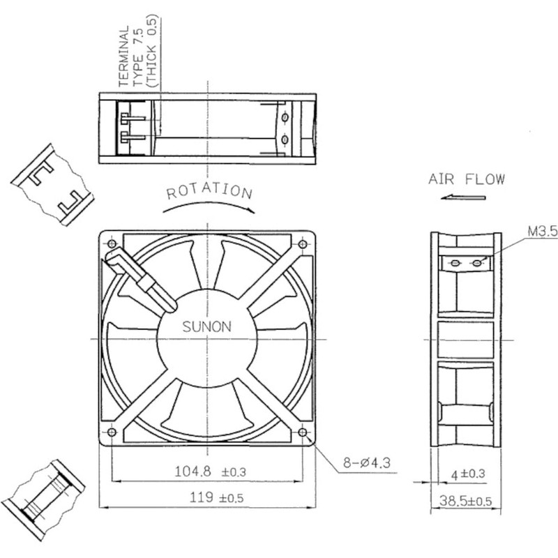 Sunon, Fan Item No.: DP200A2123XST External Dimensions: 120x120x38 mm, AC,