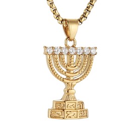 AsAlways Menorah 7 Branch Necklace Stainless Steel Gold Israel Menorah Pendant Jerusalem Temple Menorah Israel Hanukkah Jewelry Gift