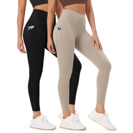 ODODOS 2-Pack 7/8 High Waist Workout Leggings with Pockets for Women, 25" Tummy Control Athletic Yoga Pants, Black+Taupe, Large