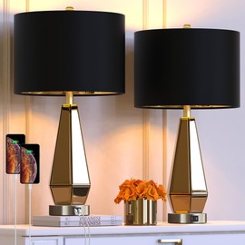 Hamucd Set of 2 Mirrored Glass Bedside Table Lamps with 2 USB Ports for Bedrooms Modern Amber Side Nightstand Lamps with Gold Black Fabric Shade Geometric Comtempory Living Room Lamps for End Tables