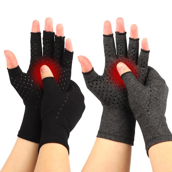 2 Pairs Arthritis Gloves Women Men Fingerless Compression Gloves for Pain Relief for Carpal Tunnel Typing Driving Black+Grey (L)