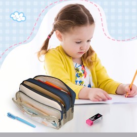 Estuche para Lápices con 3 compartimentos,Bolsa de Lápices,Organizador de Papeleria Multifuncional de Gran Capacidad,Material de Lona de Alta Calidad,para Escolar,Oficina,Trabajo,Azul Marino+Marrón