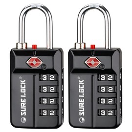 SURE LOCK TSA Approved 4-Digit Resettable Combination Luggage Locks with Open Alert, Easy-Read Dials - for Luggage, School Lockers, Gym, Office, Toolbox & Security Cases (Black 2 Pack)