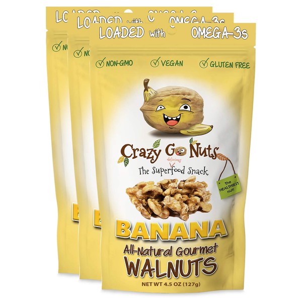Crazy Go Nuts Walnuts - Banana, 4.5 oz (3-Pack) - Healthy Snacks, Vegan, Gluten Free, Superfood - Natural, Non-GMO, ALA, Omega 3 Fatty Acids, Good Fats, and Antioxidants