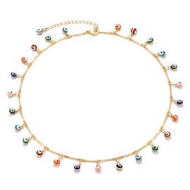 Mevecco Women's Gold Dainty Evil Eye Tassel Choker Necklace,14K Gold Plated Cute Tiny Beaded Protection Evil Eye Dangle Boho Link Chain Necklace