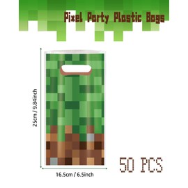 50 Pcs Creeper Notch Game Party Bags, Creeper Notch Candy Treat Goodie Gift Bags with Handles, Pixel Game Miner Plastic Gift Bags Birthday Party Decorations