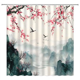 Cherry Blossom Mountain Shower Curtain,Pink Floral Misty Forest Asian Japanese Blue Beige Polyester Bathroom Curtain with 12 Hooks,Bathtub Home Decor,70x70 Inch