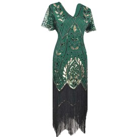 1920s Art Deco Fringed Sequin Dress 20s Flapper Gatsby Costume Dress W/ 20s Accessories Set (Medium, Style Floral Gold Green)