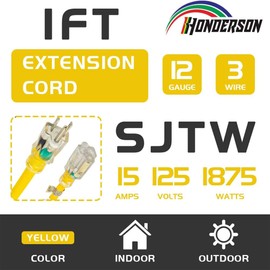 HONDERSON Extension Cord Weatherproof with Lighted End, UL Listed, 12 Gauge 1FT Yellow 3 Prong Heavy Duty, 12/3 SJTW 15A Power Cord for Lights, Lawn