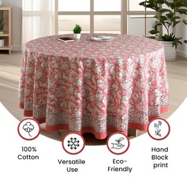 Cotton Print Club Block Print Tablecloth - Round Handmade Printed Cotton Table Cloth - Thanksgiving, Christmas, Fall Wedding Tablecloth - 6 Seater Round-90 Inches