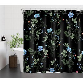 LB Blue Floral Shower Curtain Watercolor Flower with Green Leaves on Black Background Bathroom Shower Curtain Botanical Bathroom Decor with Hooks 72Lx72W Inch Polyester Fabric Bath Curtain