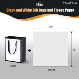YACEYACE Black and White Gift Bags with Tissue Paper, 20Pcs 8"x10"x4.25" Medium Gift Bags Bulk,Elegant Gift Bags for Boutique, Retail, Shopping,Party
