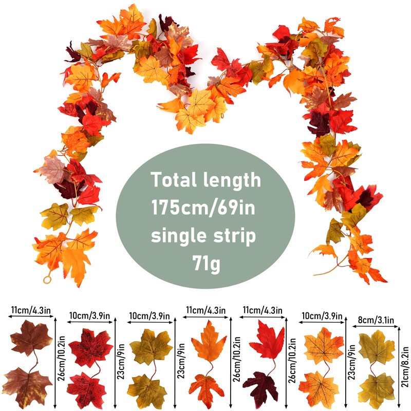 2 Pack Artificial Autumn Maple Leaf Garlands, Fake Fall Leaves