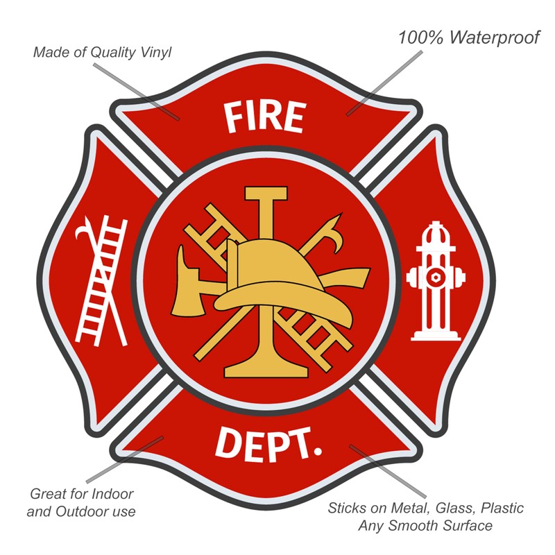 Fire Dept Maltese Cross Shaped Sticker - Red Yellow Firefighter,