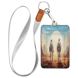 Kigai Two Cowboys ID Card Badge Holder with Lanyard,Leather Waterproof ID Badge Holder with 1 ID Card Slot and 2 Card Slots for Offices,Staff, Students,Access Card 4.3x2.8x0.3in