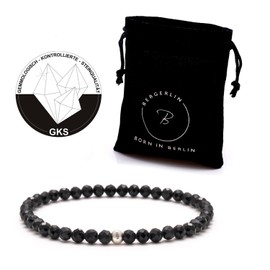BERGERLIN Genuine Natural Stone Bracelet with 925 Sterling Silver Pearl Bracelet, for Men and Women, with Certificate of Authenticity, Onyx