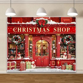 Red Christmas Backdrop 10x8ft for Photography Santa's Toy Shop in Snow Christmas Party Backdrop Winter Snowman Snowflake Xmas Family Holiday Party Decor Banner