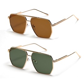 YUELUQU Retro Oversized Square Sunglasses for Women Men Vintage Shades UV400 Classic Large Metal Frame, Green + teeu