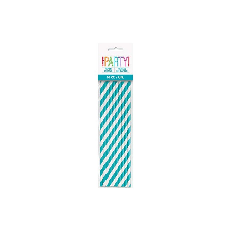 Unique Caribbean Teal Striped Paper Straws, (10 Count) - Eye-Catching
