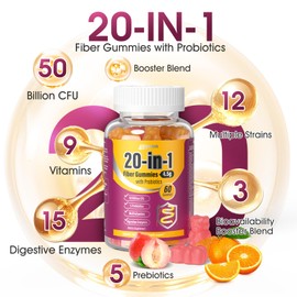 EYHBQIA Fiber Supplement 20-in-1, Fiber Gummies for Adults, 50 Billion CFU Probiotic & Prebiotic Supplement with Inulin, Psyllium, Support for Gut & Digestive Health, 60-Count, Peach-27B