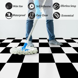 Oxdigi Peel and Stick Vinyl Flooring Roll 24"x 196"/ 32 Sq.Ft, Self Adhesive Vinyl Floor Tiles Black and White, Temporary Floor Stickers Waterproof for Living Room Bedroom Kitchen RV