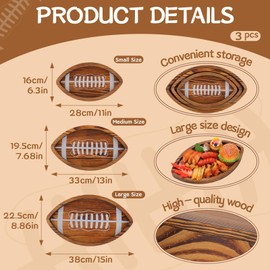 Ovveroche 3 Pcs Football Serving Trays and Platters 11-15inches Wooden Football Shaped Plates Serveware for Game Day Birthday Party Sports Event