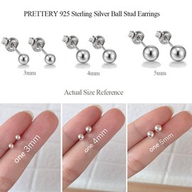 PRETTERY Sterling Silver earrings, 925 Sterling Silver 3 Pair Round Ball Stud Earrings Set, Size 3mm, 4mm, 5mm