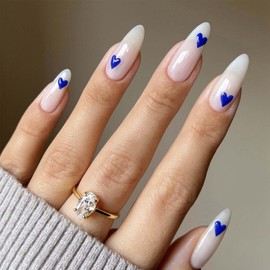 Almond Press on Nails Medium Fake Nails White False Nails with Heart Design Full Cover Acrylic Nails Artificial Glossy Glue on Nails Stick on Nails for Women Manicure Decoration 24Pcs