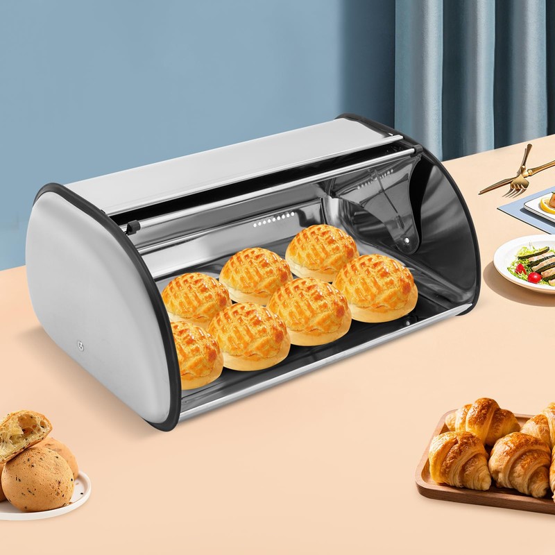 DYRABREST Stainless Steel Steel Bread Box Roll Top Bread Box