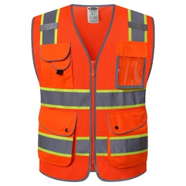 JKSafety 9 Pockets Hi-Vis Reflective Safety Vest | Mesh Fabric | Fluorescent Orange Color with Neon Yellow Extended Trims | ANSI/ISEA Compliance (100-Orange, L)