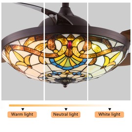 AngelcityCC 42" Tiffany Style Ceiling Fan with Light Indoor Retractable Blades LED Chandelier Fan 3 Color/3 Speed Classic Ceiling Fans Lighting Fixture with Remote Control Dining Living Room