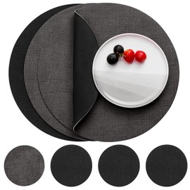 Myir JUN Leather Placemats and Coaster Set of 4, Table Mats Round Waterproof Dual Sided Kitchen Place Mats Coffee Mats Heat Resistant Placemat Non-Slip Washable (set of 4, Black Grey)