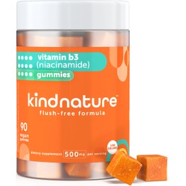 Kind Nature Vitamin B3 Niacin Gummies - Flush Free Niacinamide 500mg Supplement - Vegan, Non-GMO, Low-Calorie, Gluten-Free, Soy-Fee, 3rd Party Lab Tested - 1 Month Supply, 90 Chewable Gummies