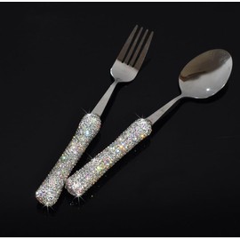 Bestbling Bling Rhinestone Crystal Dazzling Culinary Utensils Travel Set for Office, Lunch, and Travel (2, Silver)