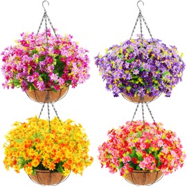 Lyrow 4 Pack Artificial Hanging Flowers in Basket Artificial Daisy Arrangement with 12 Inch Coconut Lining Realistic Artificial Hanging Plants for Outdoor Indoor Patio Lawn Garden Porch Decor