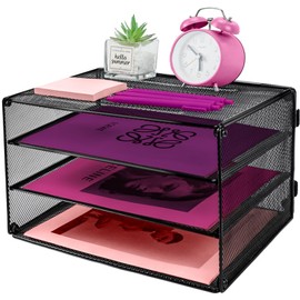 ideallife 3 Tier Lettrer Tray Organizer, Metal Mesh Desk File Organizer with Sliding Trays, Paper Sorter Desk Organizer for Home Office School, Black